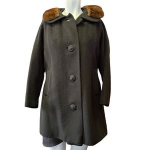 Vintage 50s 60s Bettijean Brown Mink Collar Black Fleece Swing Coat Size M Lux